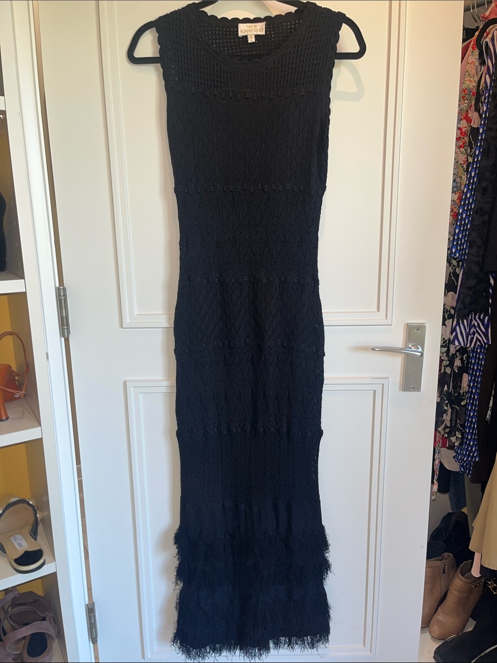 Stunning! Torn by Ronny Kobo ‘Ryan’ Black Sleeveless Knit Fringe Maxi Dress Sz L
